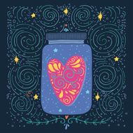 Hand drawn vintage print with a jar and decorated heart