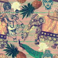 Samless pattern in vintage style with indian elephants flowers pineapples