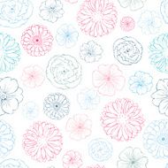 Vector Pink Blue Lineart Flowers Heads Seamless Pattern