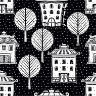 Seamless pattern with trees houses ssnowflakes