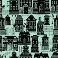 Seamless pattern with fairy tale houses lanterns trees