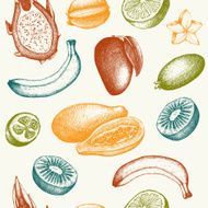 Vintage tropical fruit background isolated on white
