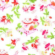Chinese fuchsia and lucky cats sitting on the pillows