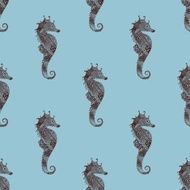 Zentangle stylized black Sea Horse seamless pattern Hand Drawn