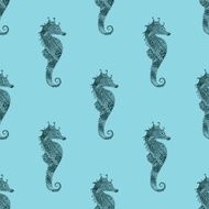 Zentangle stylized black Sea Horse blue seamless pattern