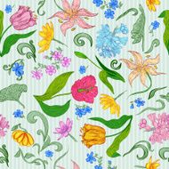 Retro Seamless pattern with vintage flowers on striped backgroun