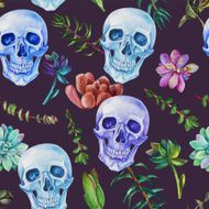 Retro seamless watercolor pattern skull and succulent plants