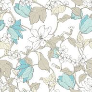 Seamless pattern with ornament flowers tulips and magnolia