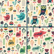 Set of floral seamless patterns with birds and animals