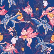 Tropical Seamless Background with Exotic Flowers and Toucan