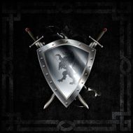 Ancient silver shield with heraldic lion and swords