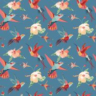 Hummingbird and Tropical Background - Retro seamless pattern