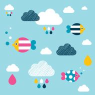 Kids wall paper pattern Colored fishes and clouds N2