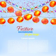 Winter blue background with a garland of orange Chinese lanterns