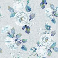 Seamless pattern of vector watercolor blue roses