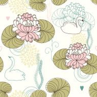 Vector Seamless Pattern of Water Lilies and Swans