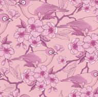 Birds on sakura tree seamless pattern