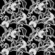 Ornate Japanese inspired black and white repeating seamless tile pattern