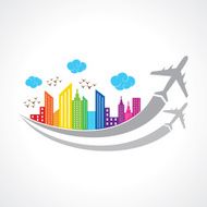 Colorful background with city and airplanes vector illustration