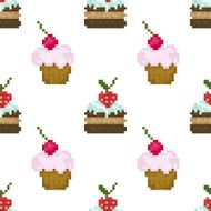 Seamless pattern pixel cakes with fruits on white background