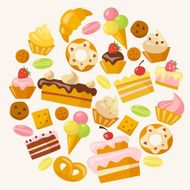 Sweets icons set in flat style gathering round
