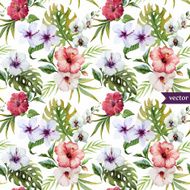 watercolor hibiscus orchid white palm tropical pattern background wallpaper