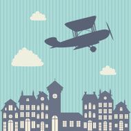 Vintage aircraft flying above the city Vector illustration