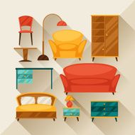 Interior icon set with furniture in retro style N2