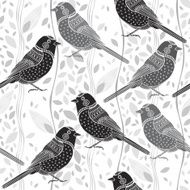 Floral seamless pattern with birds Cartoon vector background Monochrome illustration