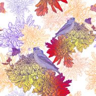 Seamless Background with Birds and Chrysanthemums