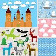 Set 3 seamless background Castle Fabulous animals vector
