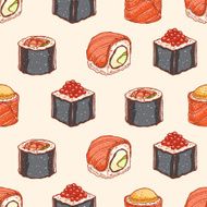 seamless background with hand-drawn sushi