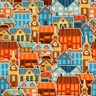 Town seamless pattern with cute colorful sticker houses