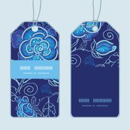 Vector blue night flowers vertical stripe frame pattern tags set