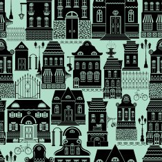 Seamless pattern with fairy tale houses lanterns trees