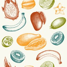 Vintage tropical fruit background isolated on white