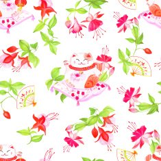 Chinese fuchsia and lucky cats sitting on the pillows