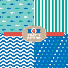 Collection with marine seamless patterns (fishes stripes waves dots)