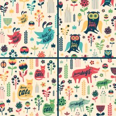 Set of floral seamless patterns with birds and animals