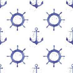 Watercolor seamless pattern with anchors and steering wheels