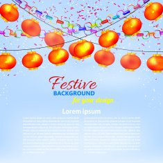 Winter blue background with a garland of orange Chinese lanterns