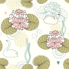 Vector Seamless Pattern of Water Lilies and Swans