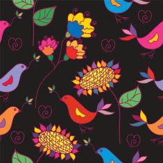 Dark floral seamless pattern with birds