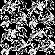 Ornate Japanese inspired black and white repeating seamless tile pattern