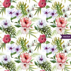 watercolor hibiscus orchid white palm tropical pattern background wallpaper