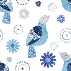 White and blue seamless pattern with decorative birds N2
