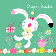 Easter bright festive card with cheerful rabbits on strips