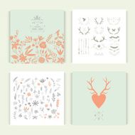 Patterns with antlers and vegetative elements Set of four cards