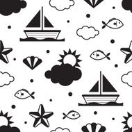 B&amp;W Seamless Pattern Summer Fish and Ship