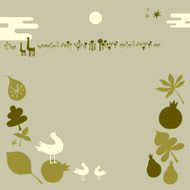 Earthly elements birds fruits and asian clouds